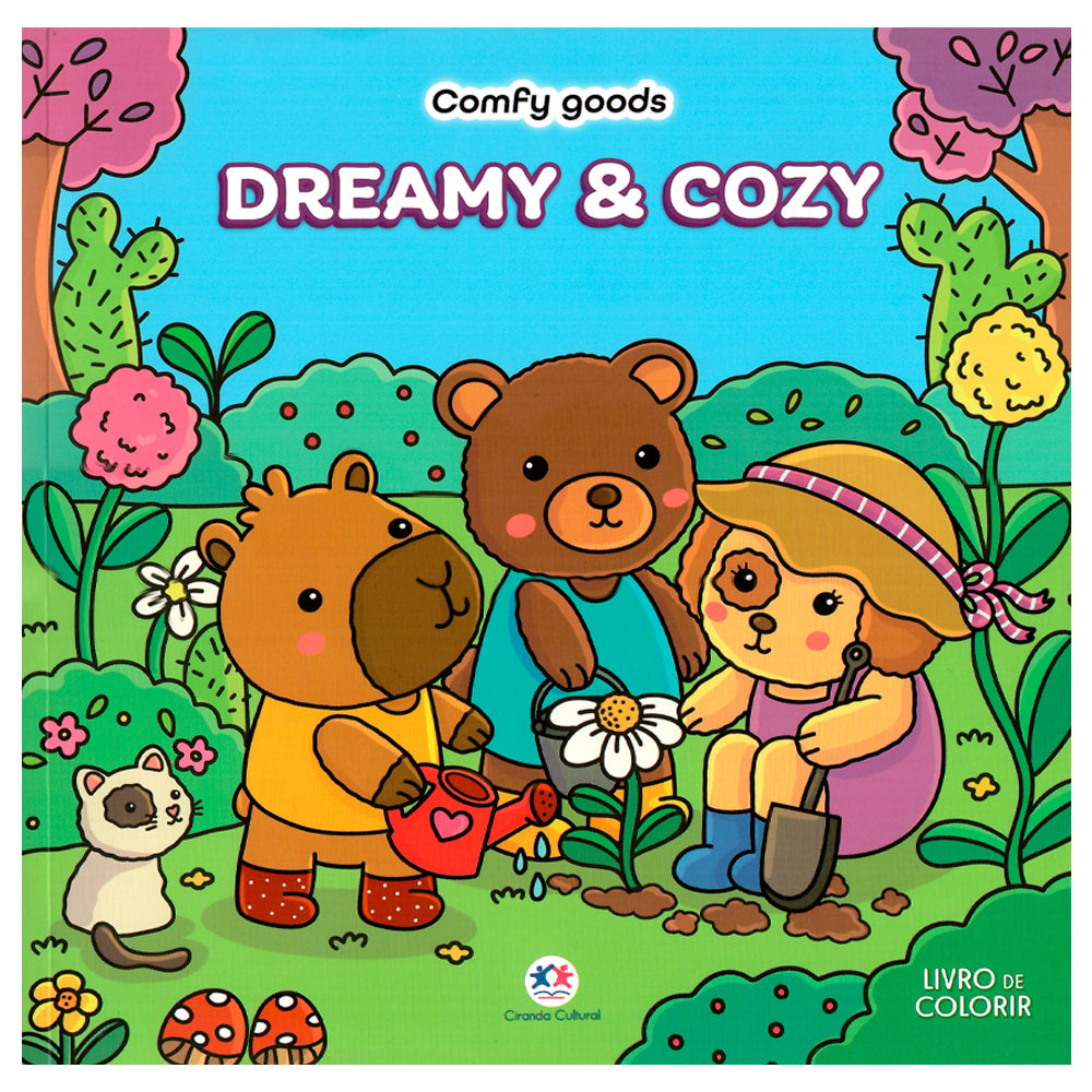 Livro de Colorir Comfy Goods: Dreamy & Cozy, capa azul com urso, capivara e cachorro plantando. — Plenitude