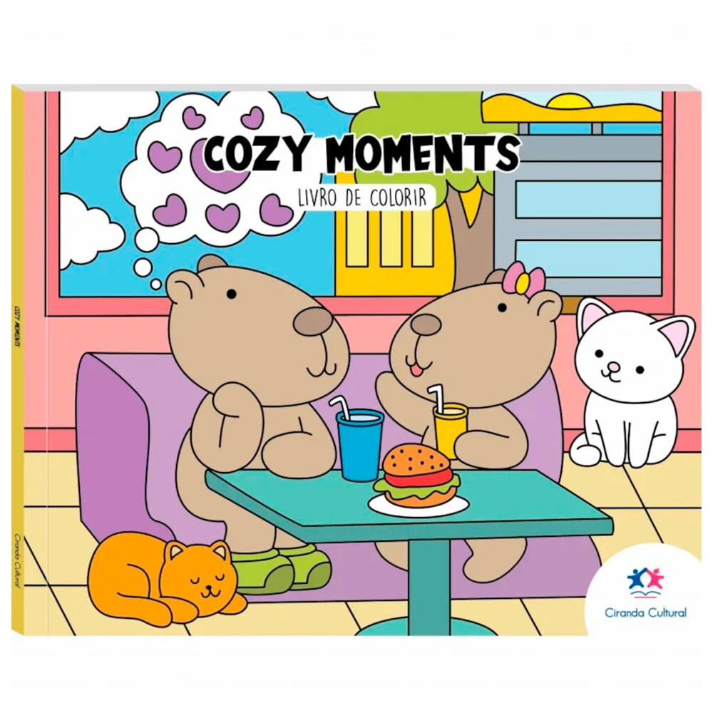 Livro de colorir Cozy Moments, capa amarela com ilustrações de capivaras em um café. — Plenitude
