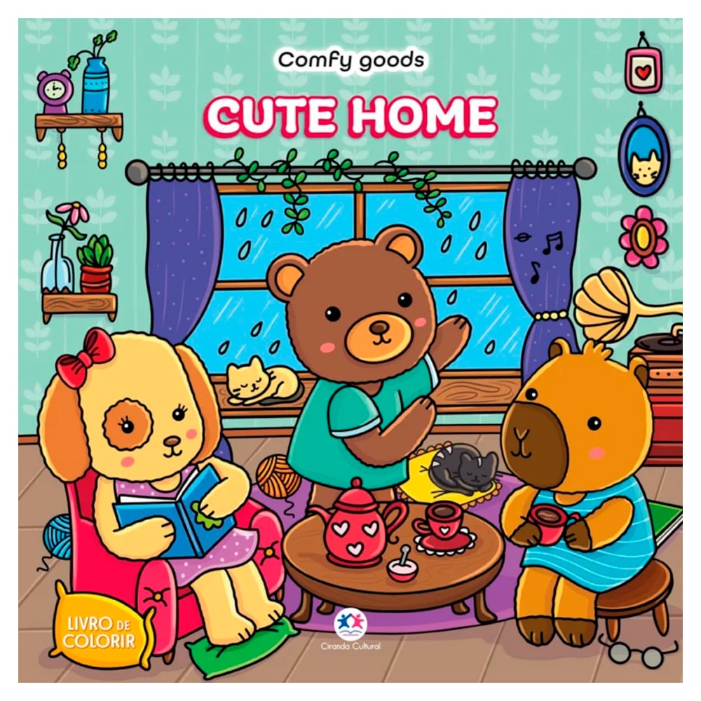 Livro de colorir: Comfy Goods, Cute Home. Capa colorida com animais fofos em uma sala de estar. — Plenitude