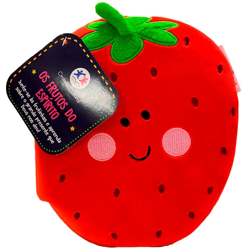 Livro Os Frutos do Espírito, capa de pelúcia em formato de morango vermelho com rosto sorridente. — Plenitude