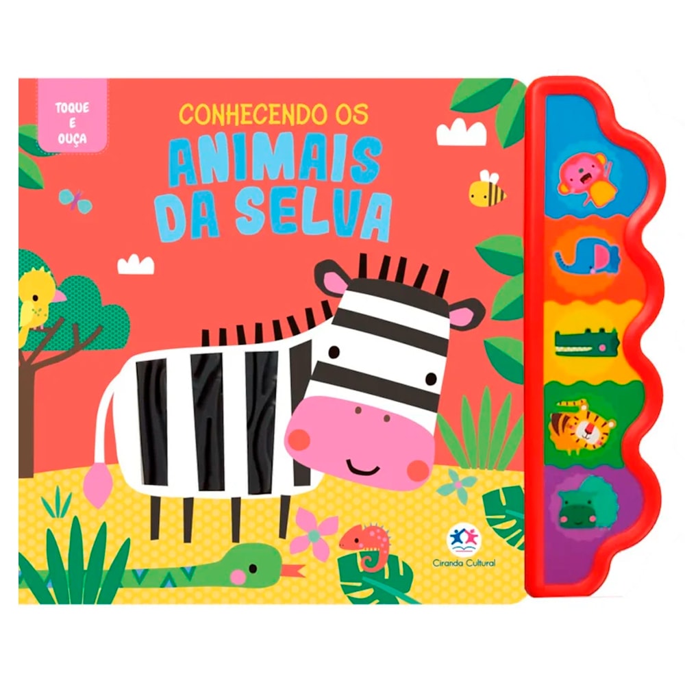Livro infantil Toque e Ouça Conhecendo os Animais da Selva, capa vermelha com zebra e botões laterais. — Plenitude