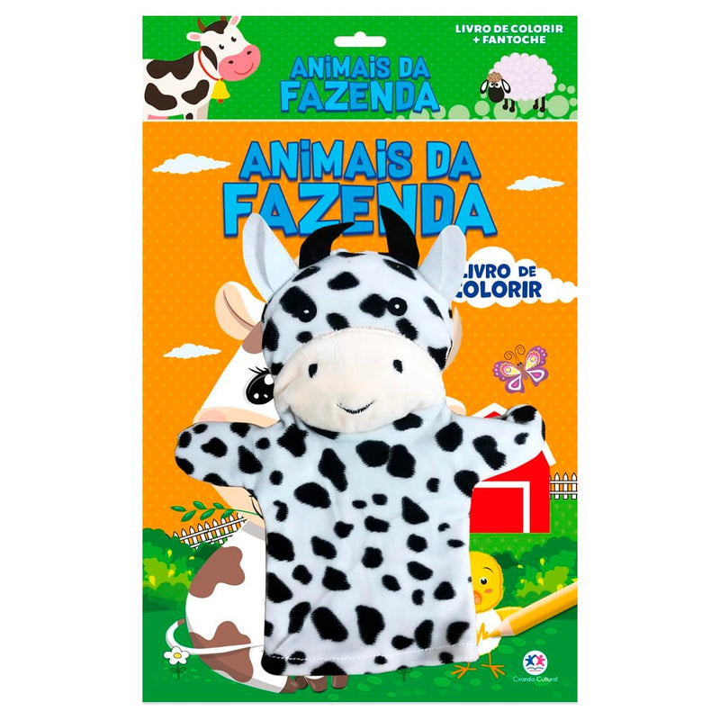 Livro de Colorir Animais da Fazenda com fantoche de vaca malhada em embalagem laranja. — Plenitude