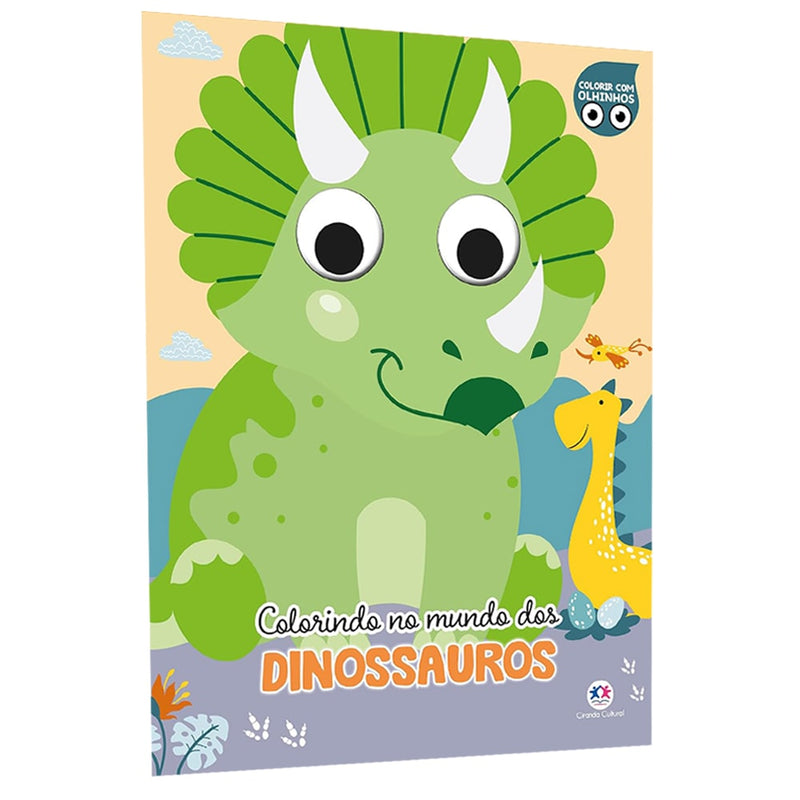 Livro de Colorir com Olhinhos Colorindo no Mundo dos Dinossauros, capa com triceratops e outros dinos. — Plenitude