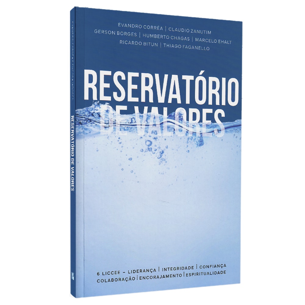 Livro "Reservatório de Valores" de Evandro Corrêa, capa azul com imagem de água e título em branco. — Plenitude