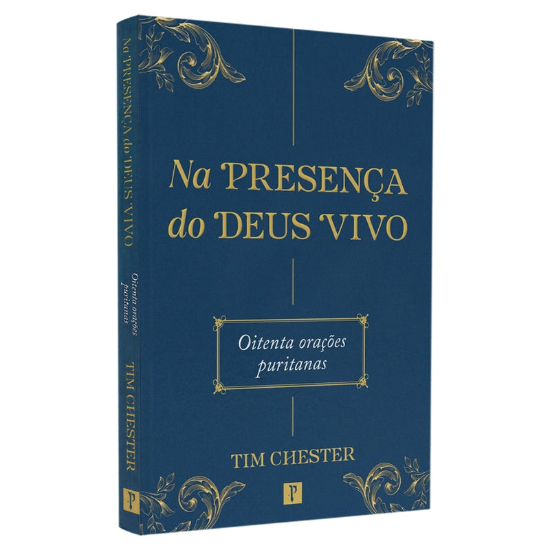 Livro Na Presença do Deus Vivo, capa comum, azul-marinho com detalhes dourados e título centralizado. — Plenitude
