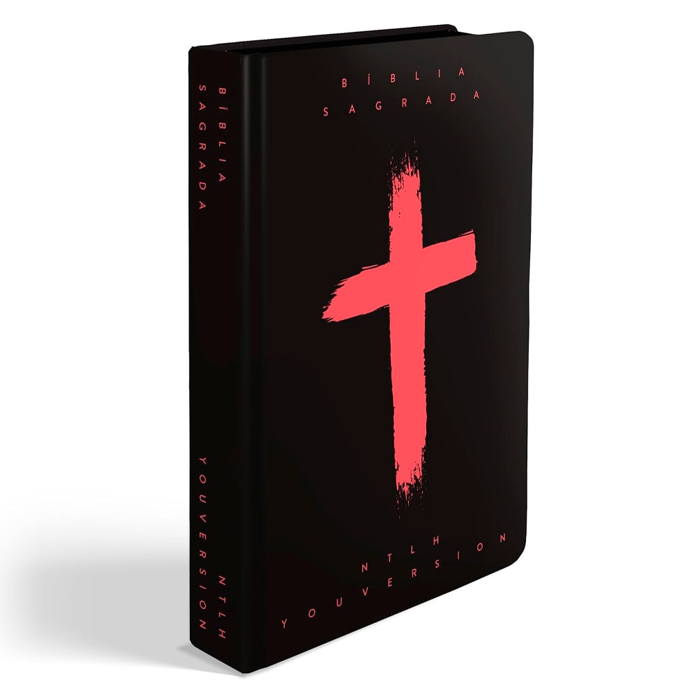 Bíblia Sagrada NTLH YouVersion, capa dura preta com cruz vermelha e letras vermelhas. — Plenitude