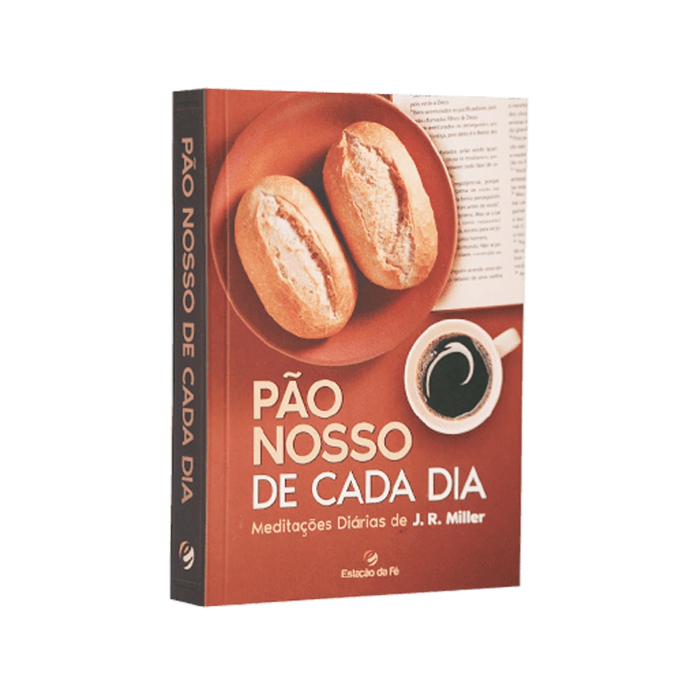 Livro Pão Nosso de Cada Dia, capa marrom com pães e xícara de café. — Plenitude