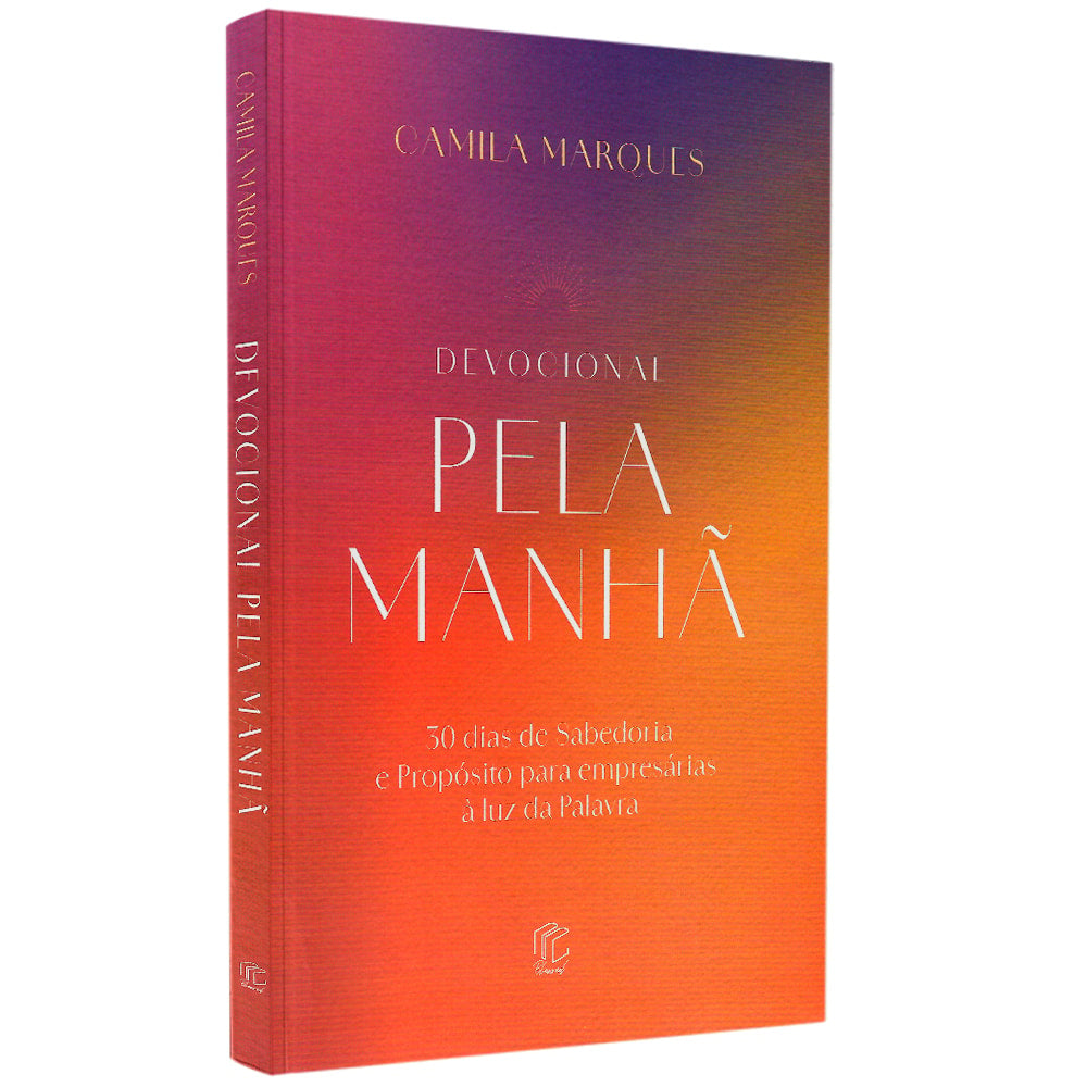Livro Devocional Pela Manhã, capa dura colorida em tons de roxo, laranja e rosa. Título em branco. — Plenitude