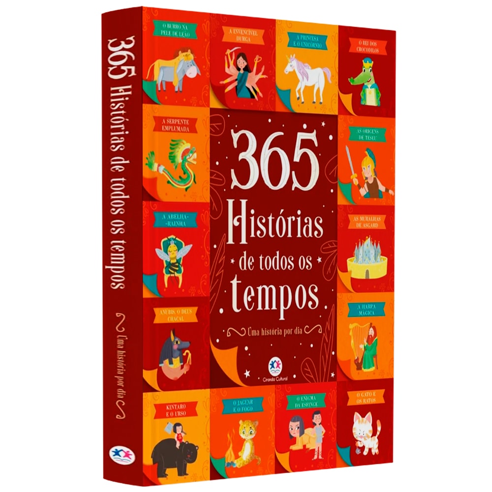 Livro "365 Histórias de Todos os Tempos" com capa vermelha e ilustrações de contos clássicos. — Plenitude