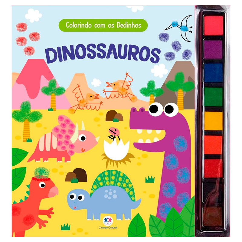 Livro Colorindo Com os Dedinhos Dinossauros, capa azul com dinossauros e tintas. — Plenitude