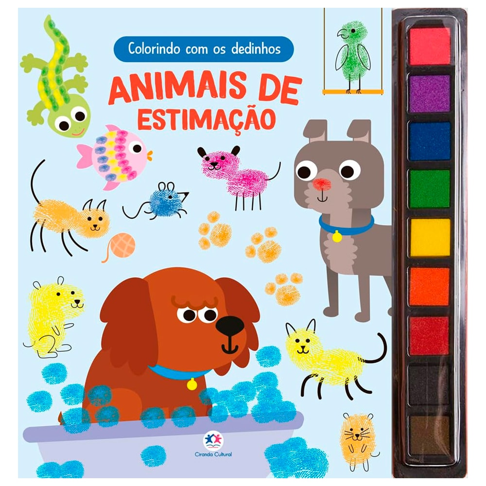 Livro de colorir Colorindo Com os Dedinhos Animais de Estimação, capa azul com ilustrações de animais e tinta. — Plenitude