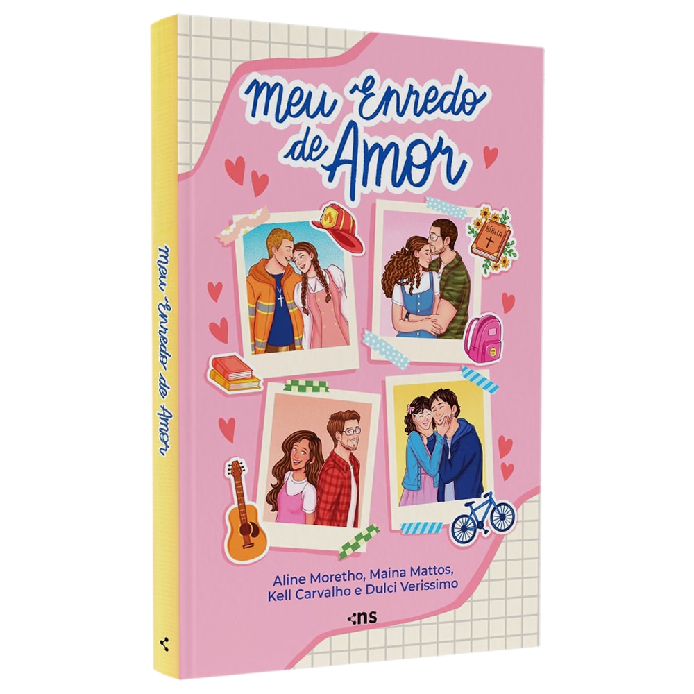 Capa de livro, "Meu Enredo de Amor", rosa com ilustrações de casais e elementos românticos. — Plenitude