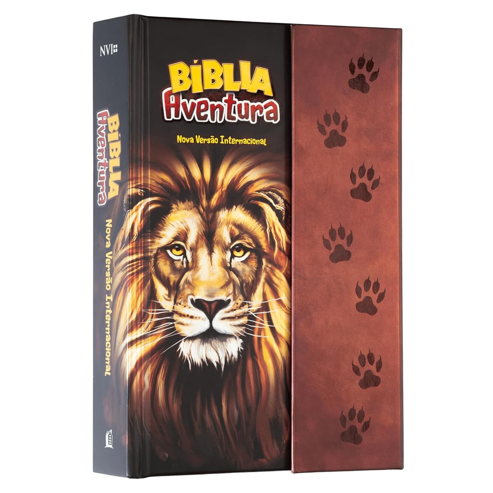 Bíblia Aventura NVI, capa dura preta com leão e fecho marrom com patas. — Plenitude