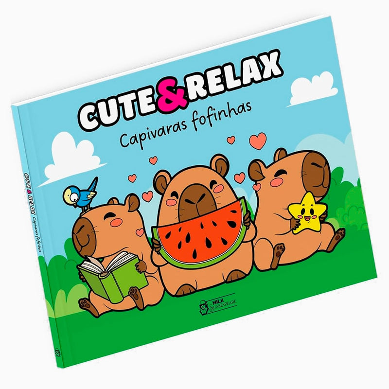 Livro Cute & Relax Capivaras Fofinhas, capa azul com três capivaras fofas. — Plenitude