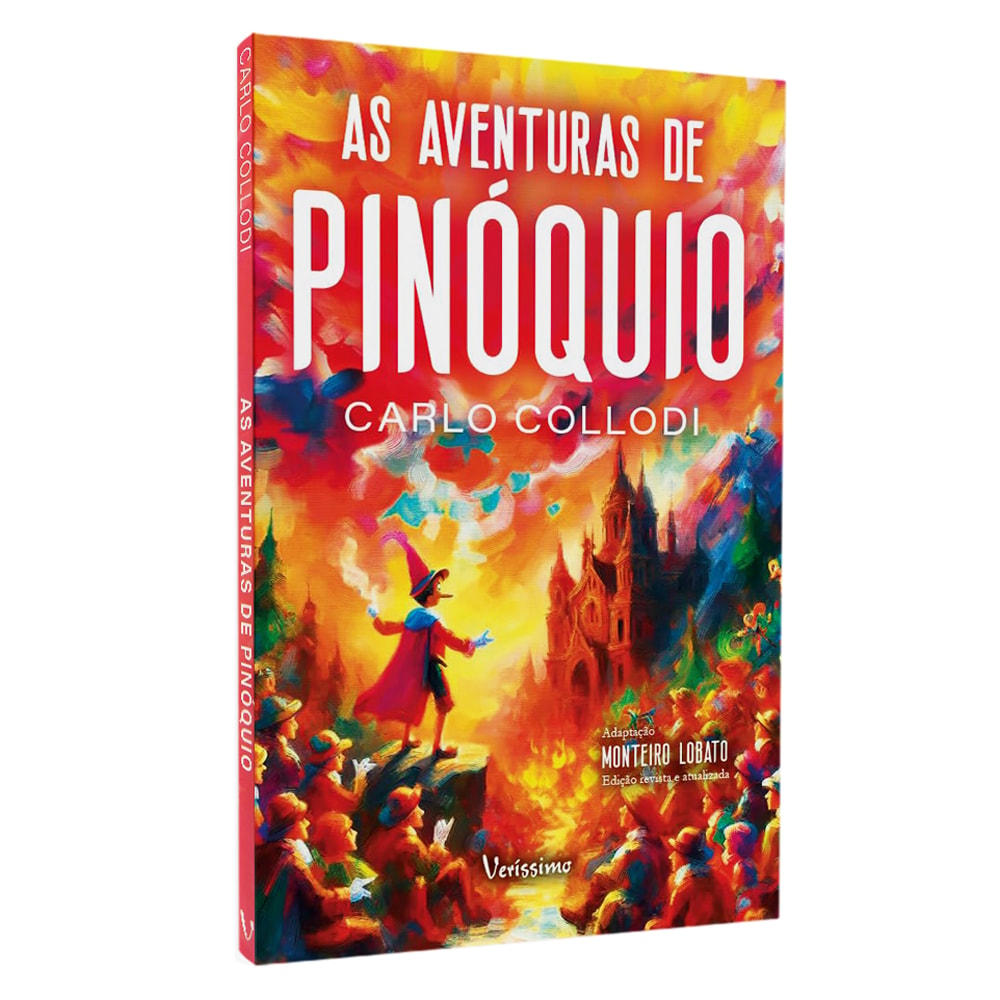 Livro As Aventuras de Pinóquio de Carlo Collodi, capa colorida com Pinóquio e castelo. — Plenitude