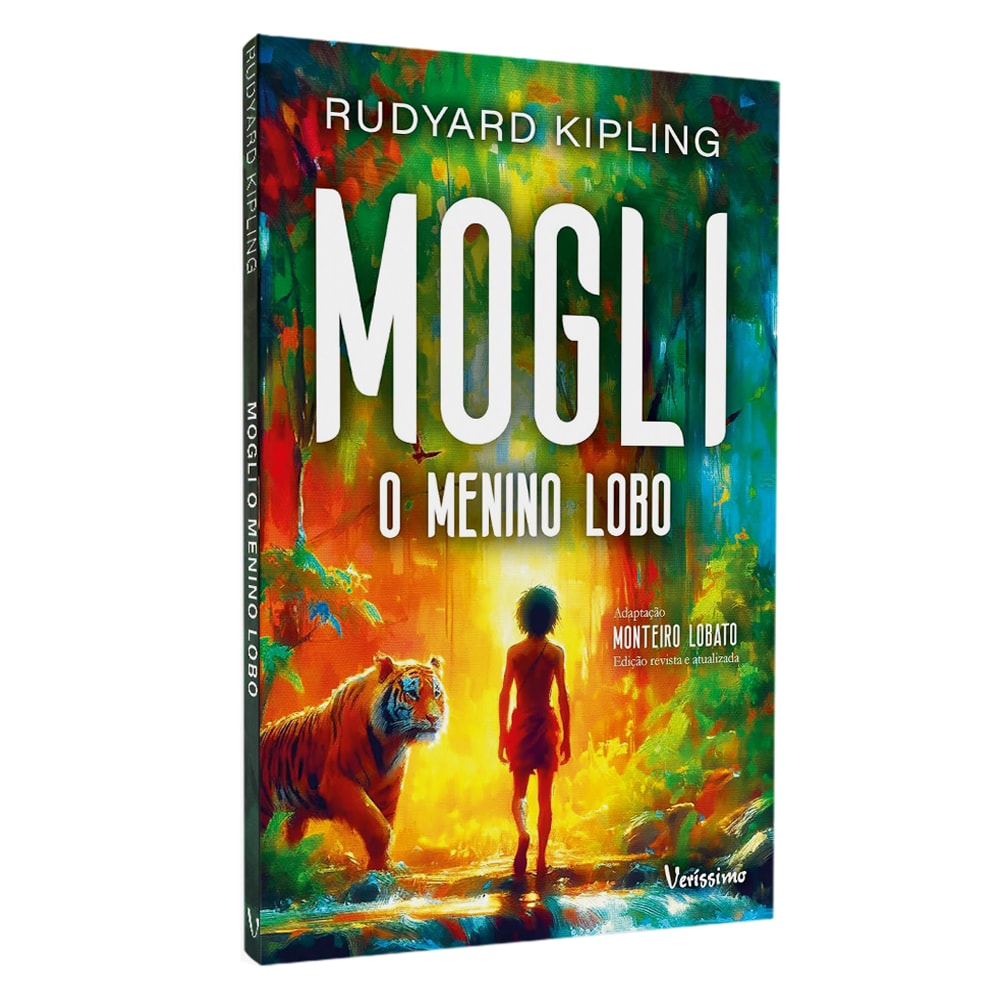 Livro Mogli O Menino Lobo de Rudyard Kipling, capa com Mogli e tigre na selva. — Plenitude