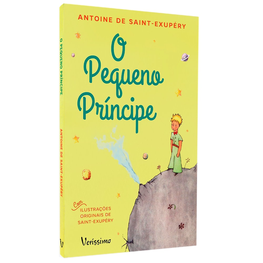 Livro O Pequeno Príncipe de Antoine de Saint-Exupéry, capa amarela com o Pequeno Príncipe. — Plenitude