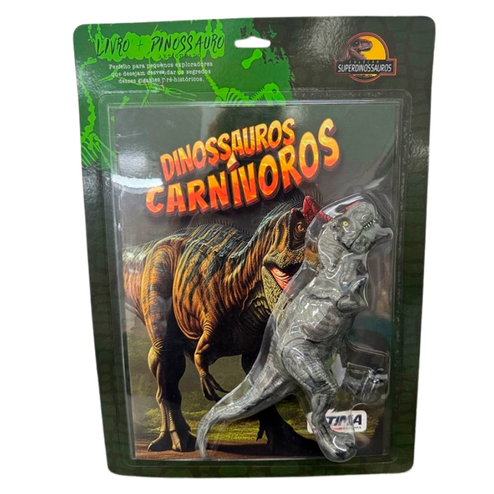 Livro Dinossauros Carnívoros, capa verde com dinossauros, inclui livro e dinossauro de brinquedo — Plenitude