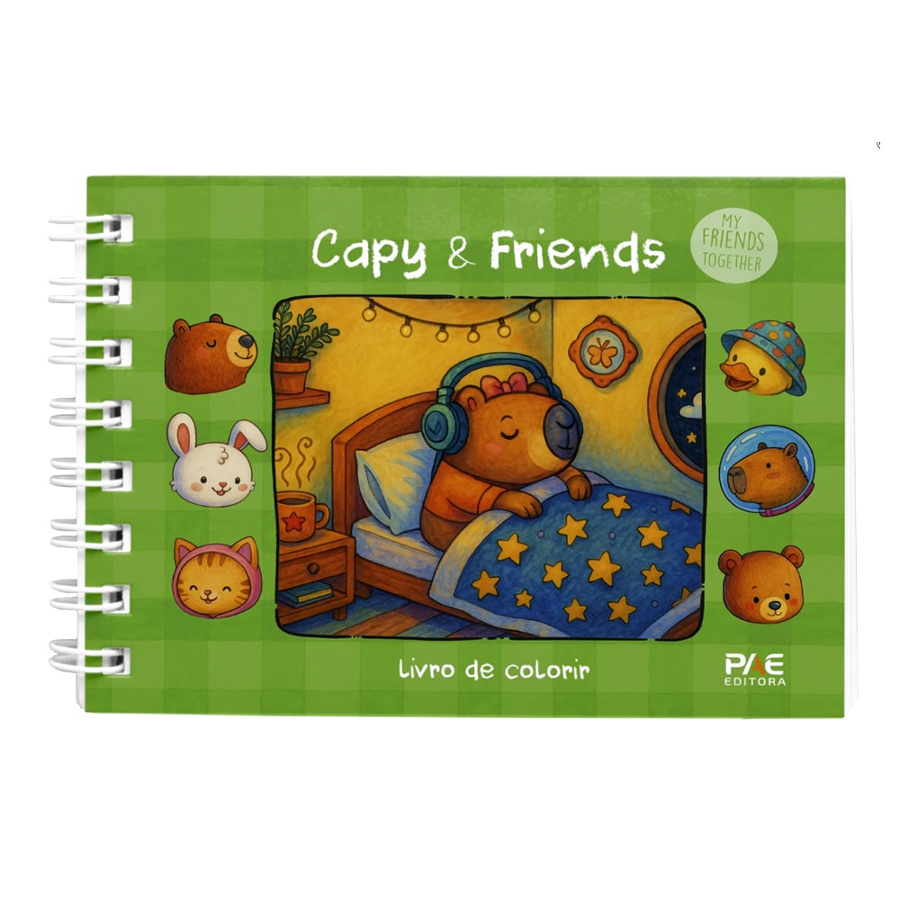 Livro de Colorir Capy e Friends, capa verde quadriculada com capivara na cama e outros animais — Plenitude