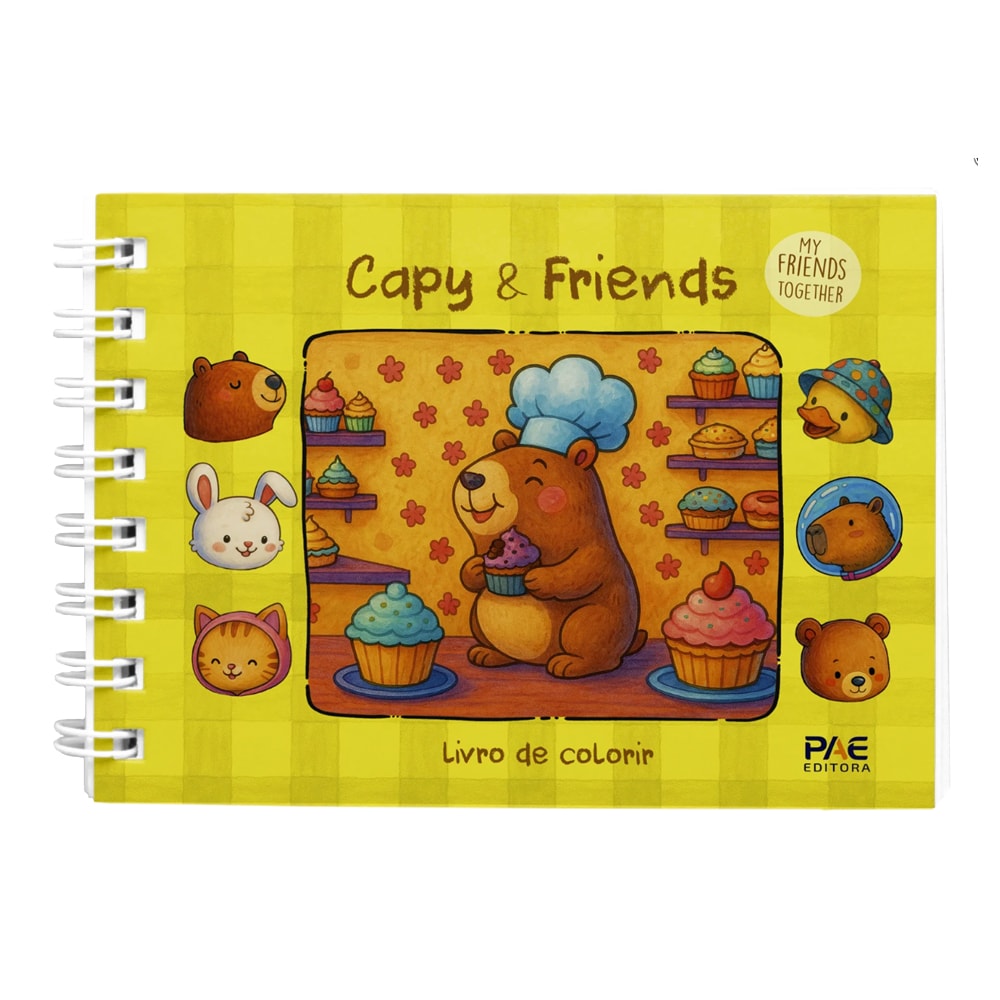 Livro de Colorir Capy e Friends, capa amarela quadriculada com urso confeiteiro e outros animais — Plenitude