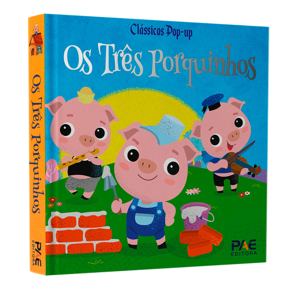 Livro Clássicos Pop-up, Os Três Porquinhos, capa azul com os três porquinhos. — Plenitude