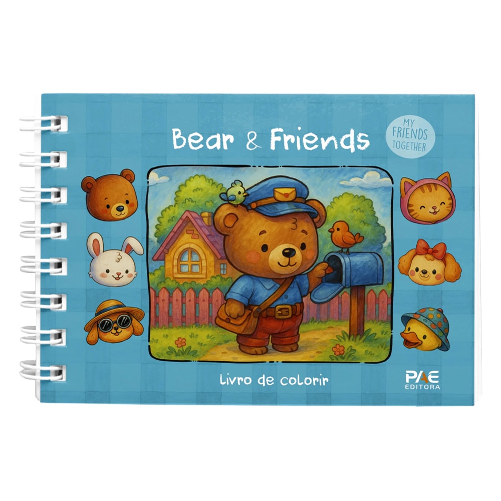 Livro de Colorir Bear e Friends, capa azul quadriculada com urso carteiro e outros animais — Plenitude