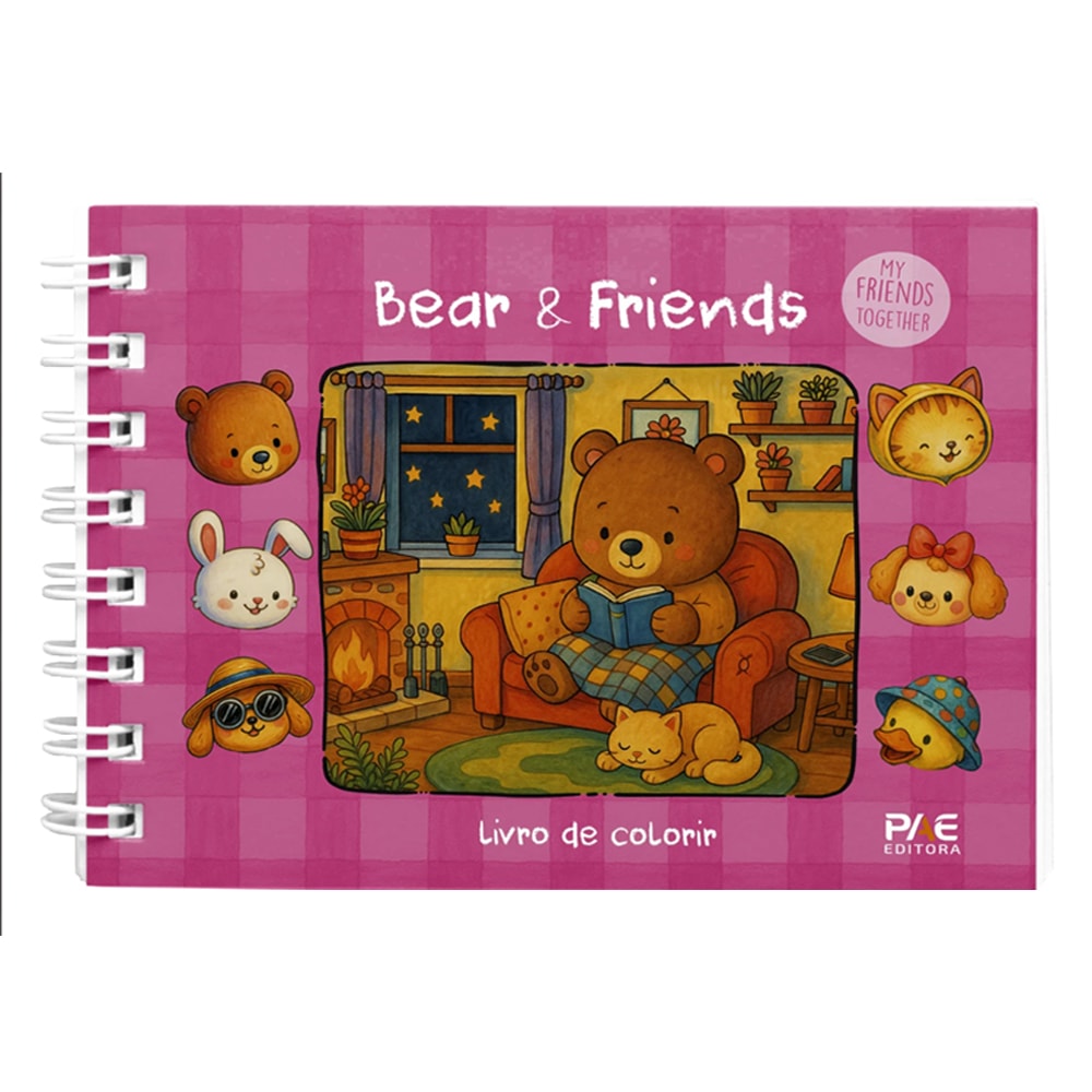 Livro de Colorir Bear e Friends, capa rosa xadrez com urso lendo e amigos animais. — Plenitude