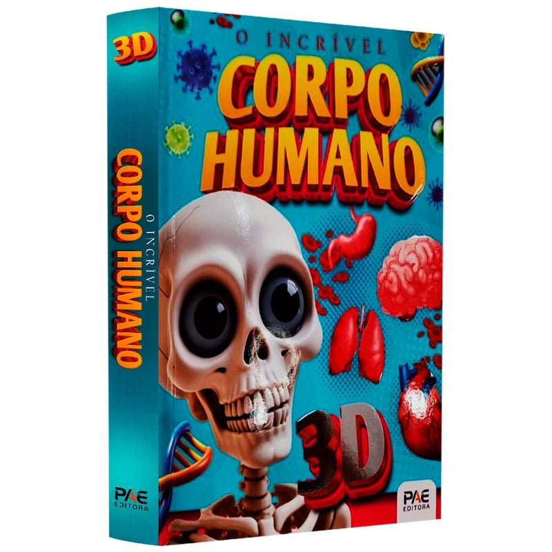 Livro O Incrível Corpo Humano, Pop-up 3D, capa azul com esqueleto e órgãos. — Plenitude