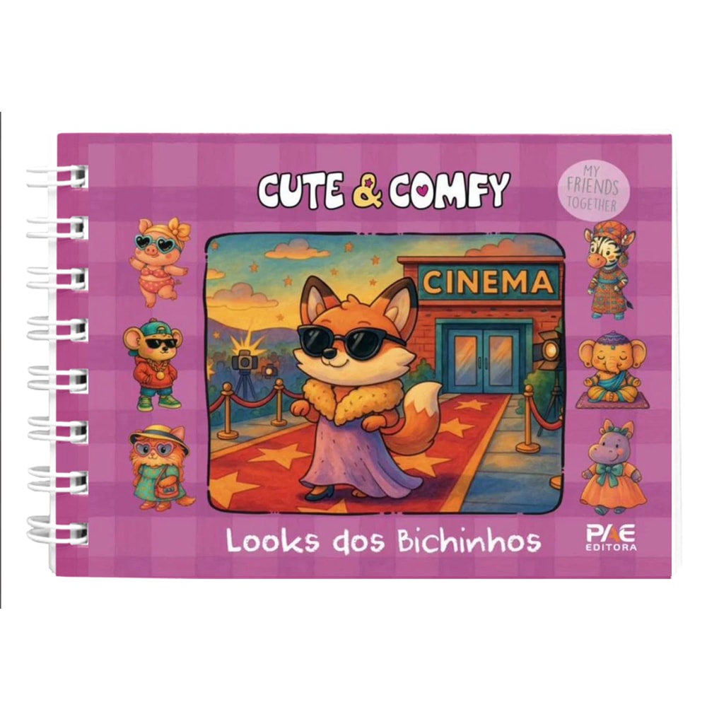 Livro de Colorir Looks dos Bichinhos, capa lilás com raposa no cinema e outros animais — Plenitude