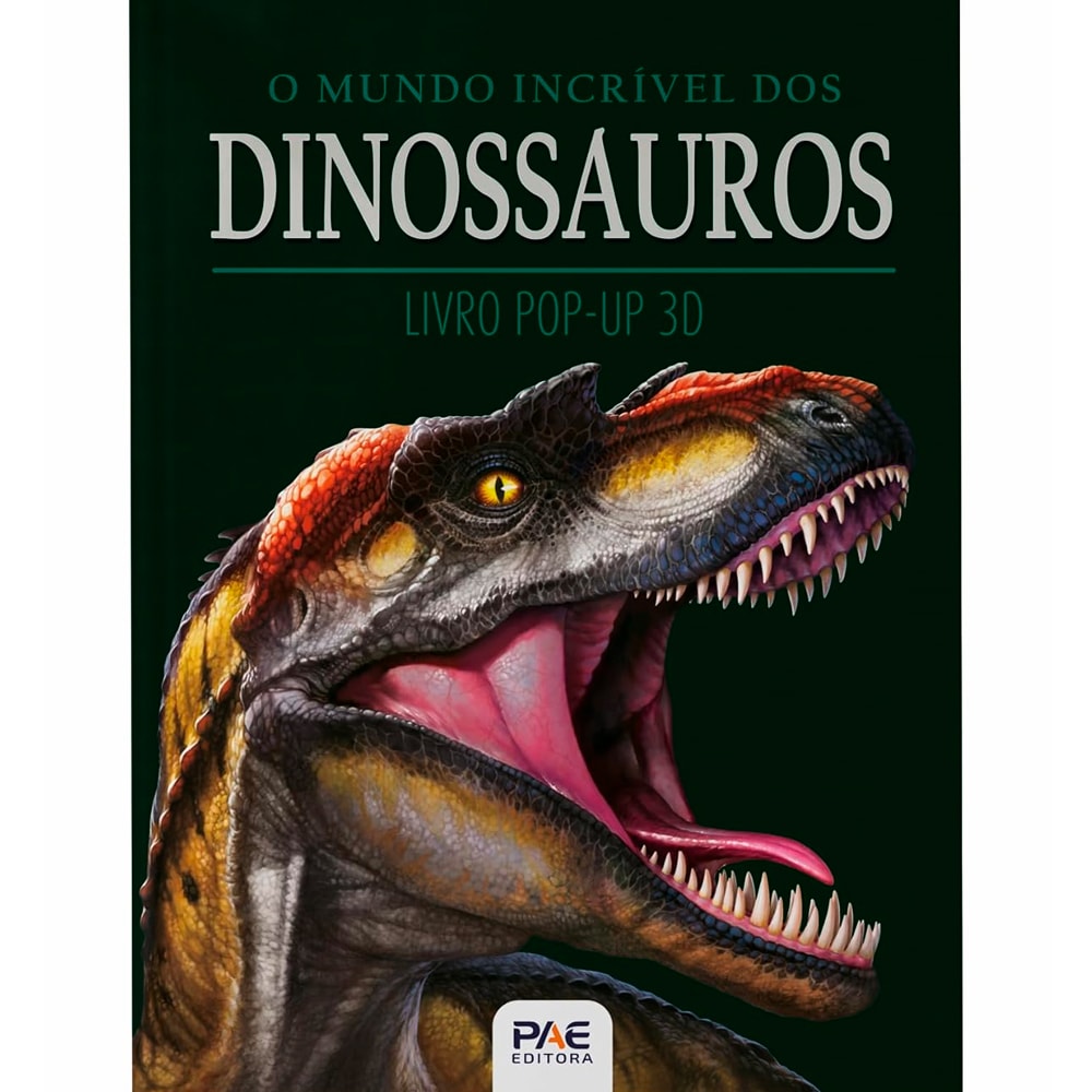 Livro O Mundo Incrível dos Dinossauros, capa verde escura com dinossauro 3D. — Plenitude