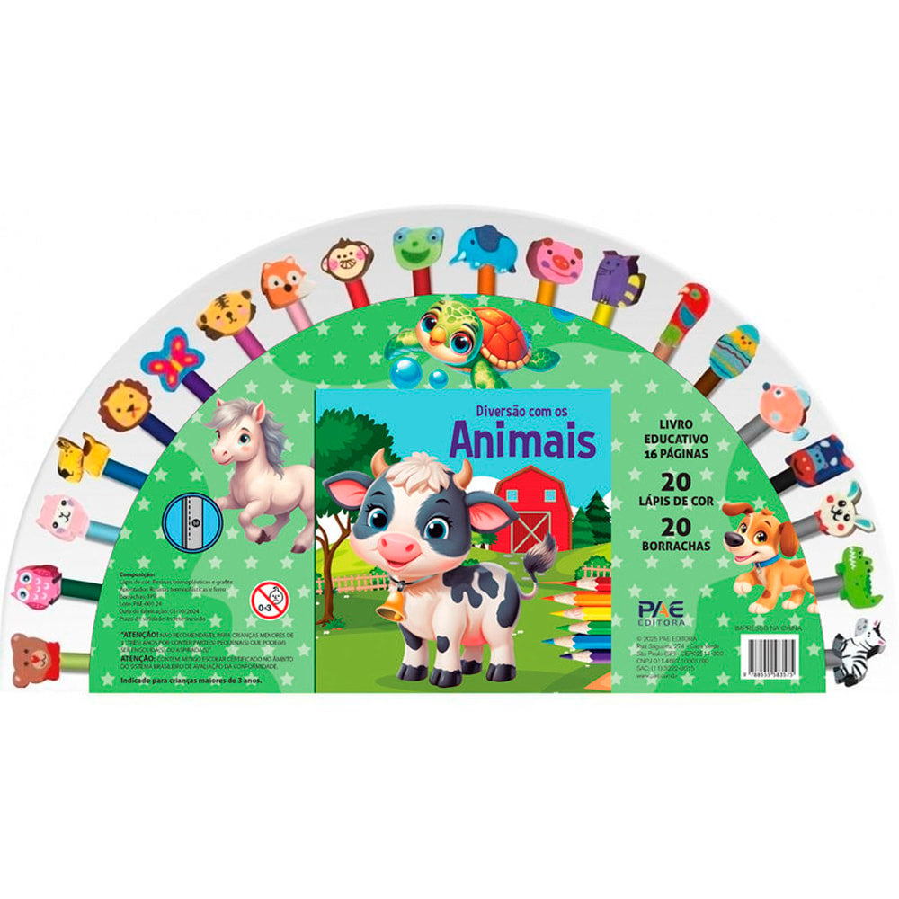 Livro educativo Diversão Com os Animais, com 16 páginas, 20 lápis de cor e 20 borrachas. — Plenitude