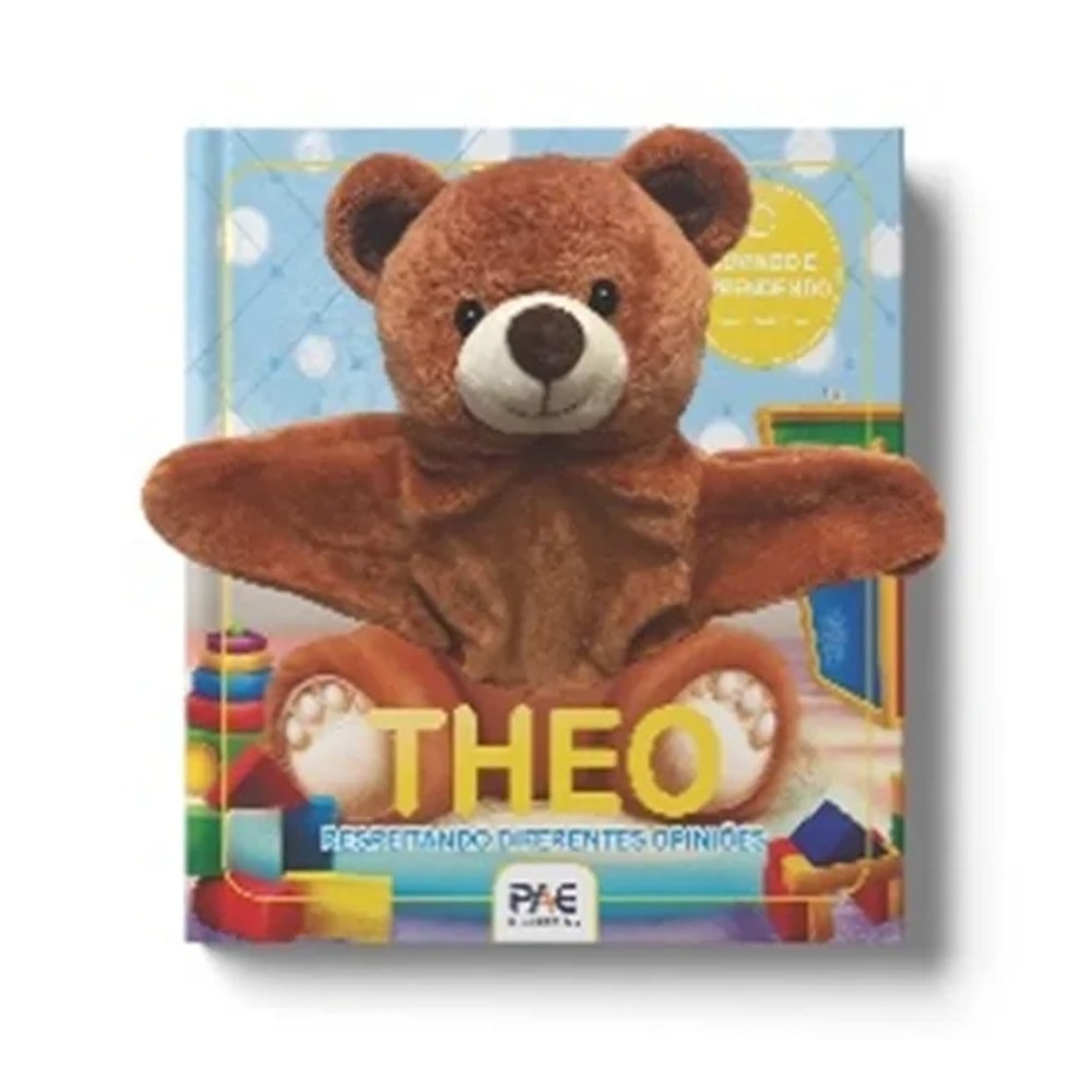 Livro fantoche "Theo Ouvindo e Aprendendo", capa com urso de pelúcia marrom. — Plenitude