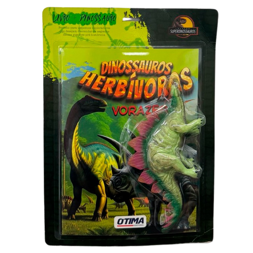 Livro Dinossauros Herbívoros Vorazes, capa verde com dinossauros, inclui livro e dinossauro de brinquedo — Plenitude