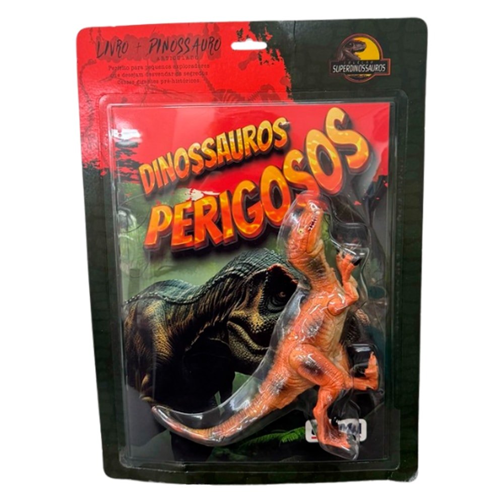 Livro Dinossauros Perigosos, capa vermelha com T-Rex, inclui livro e dinossauro de brinquedo — Plenitude