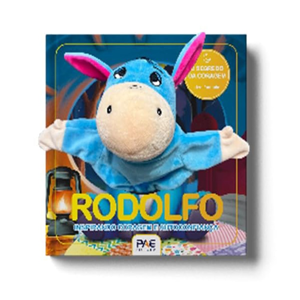 Livro Fantoche Rodolfo Ouvindo e Aprendendo, capa azul com burrinho fantoche — Plenitude