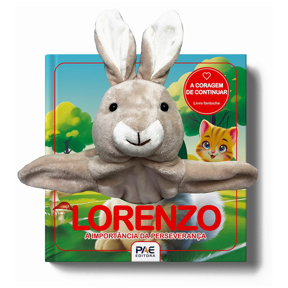 Livro fantoche Lorenzo, A Importância da Perseverança, com fantoche de coelho cinza. — Plenitude