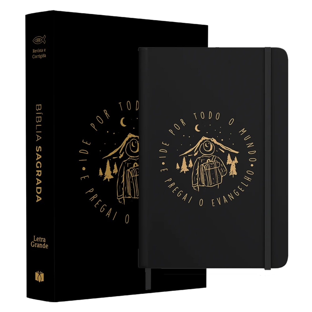 Kit Ide Por Todo Mundo | Bíblia + Moleskine: Bíblia Sagrada preta com ilustração dourada e moleskine preto combinando. — Plenitude