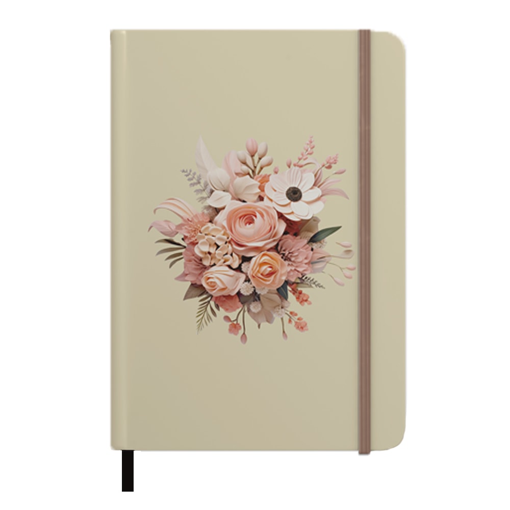 Caderno Moleskine: Buquê de Flores, com pauta, capa bege com ilustração de buquê de flores em tons pastel — Plenitude