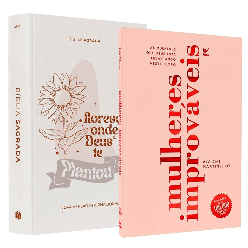 Kit Despertar: Bíblia Sagrada Floresça NVI branca com girassol e Mulheres Improváveis rosa. — Plenitude