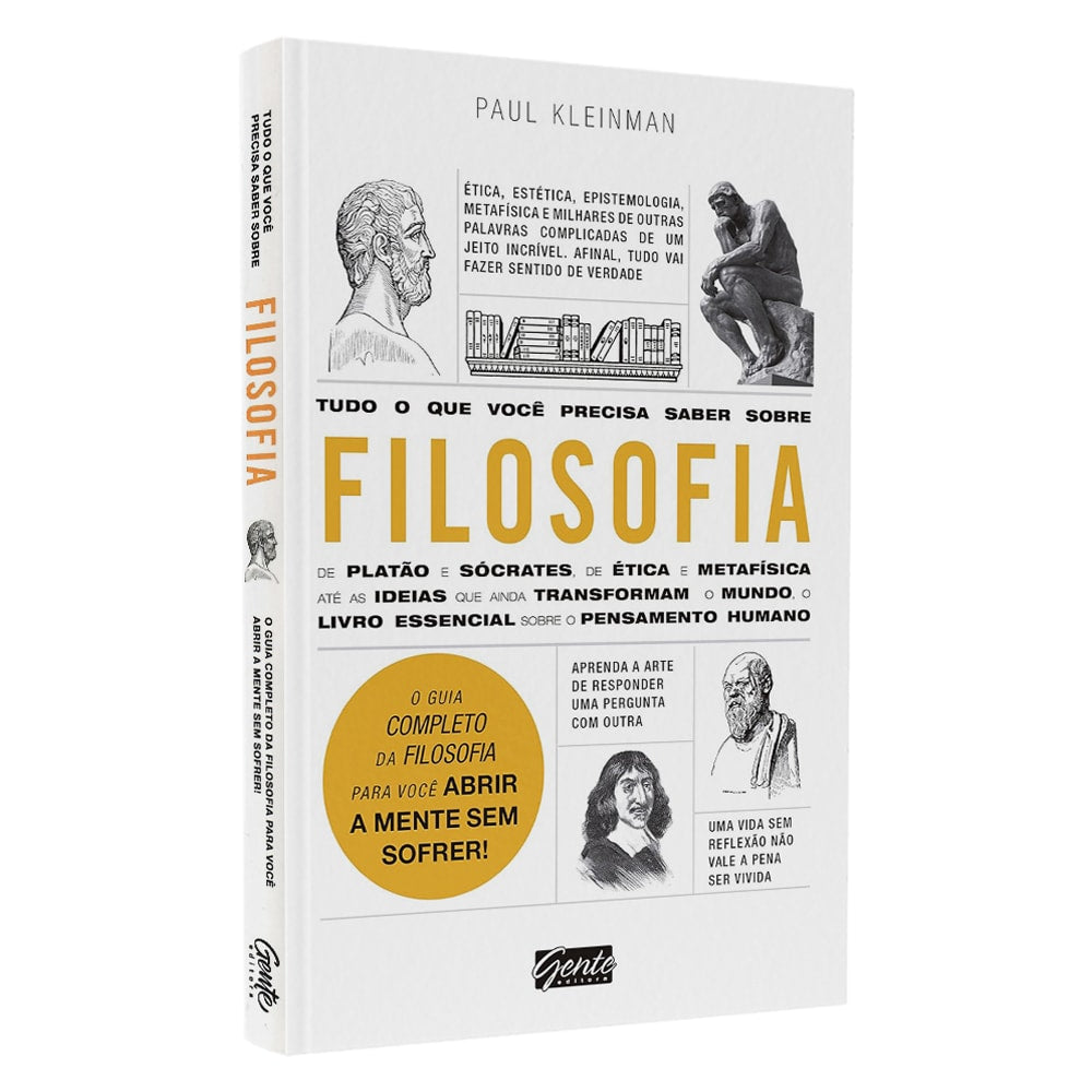 Livro: Tudo Que Você Precisa Saber Sobre Filosofia, de Paul Kleinman. Capa branca com título amarelo. — Plenitude