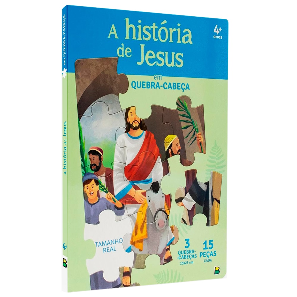 Quebra-cabeça "A História de Jesus Em Quebra-Cabeça" para acima de 4 anos, embalagem azul com imagem de Jesus. — Plenitude