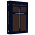 Bíblia Sagrada NAA, capa azul-marinho com cruz dourada e padrão tracejado. — Plenitude