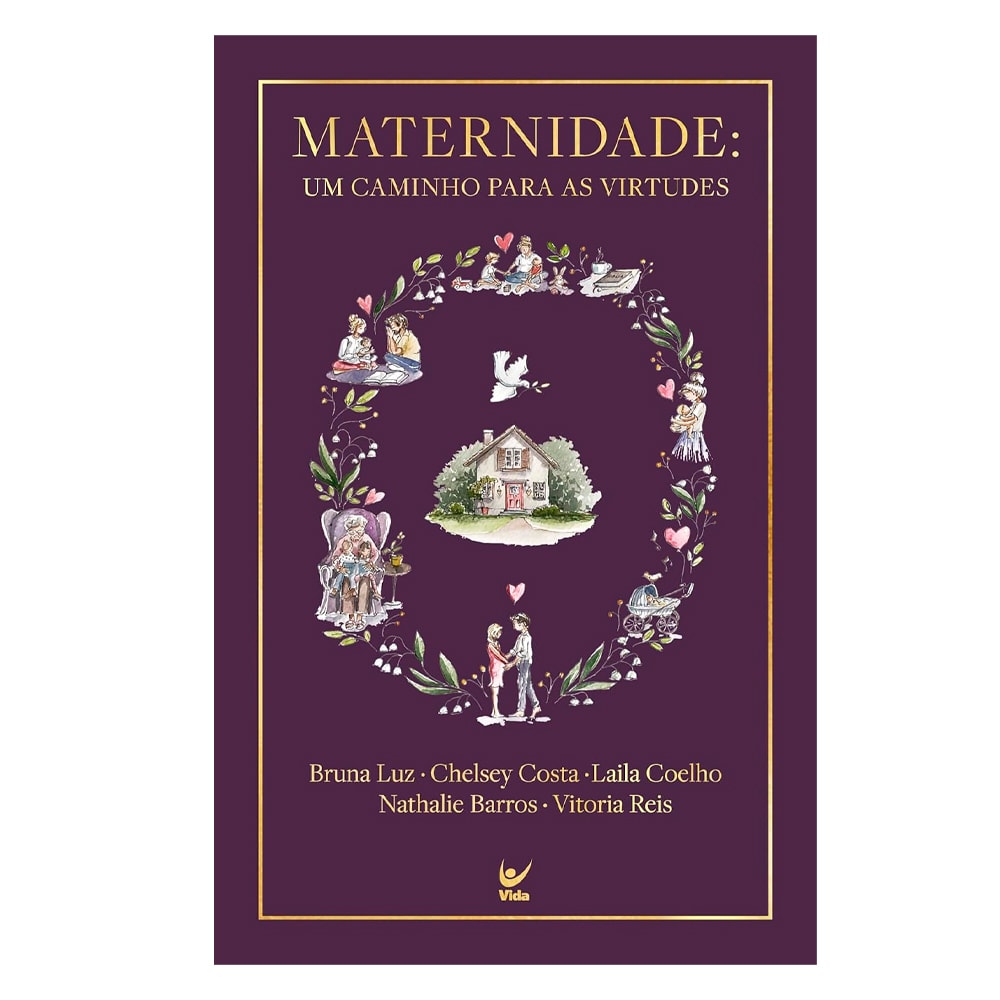 Livro 'Maternidade: Um Caminho para as Virtudes', capa roxa com ilustração floral e cenas familiares. — Plenitude