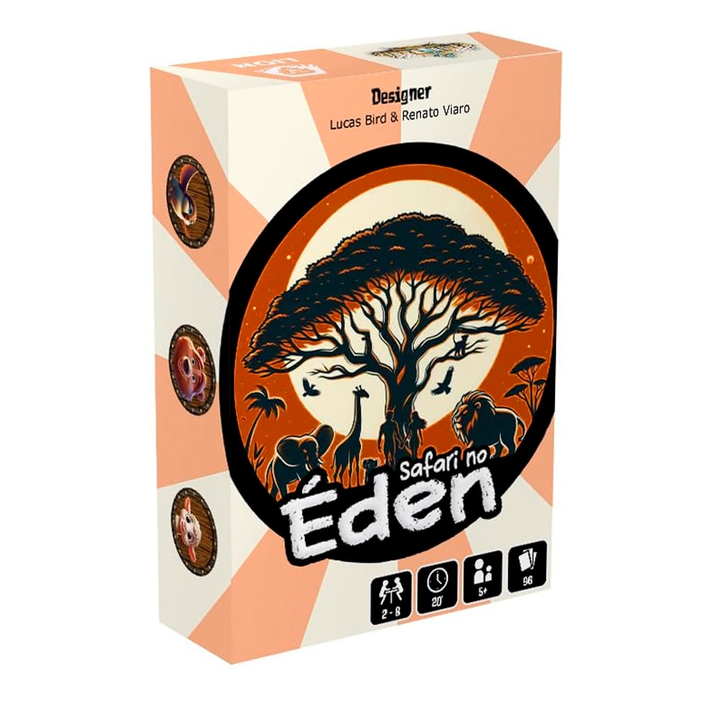 Jogo de cartas "Safari no Éden", caixa em tons de pêssego com ilustração de árvore e animais. — Plenitude