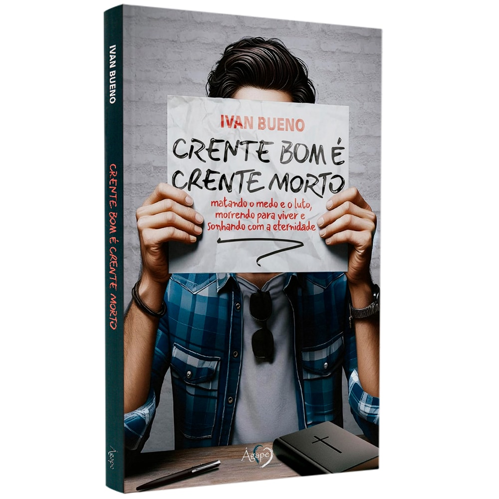 Livro de capa dura, "Crente Bom é Crente Morto" de Ivan Bueno, com um homem segurando um papel no rosto. — Plenitude