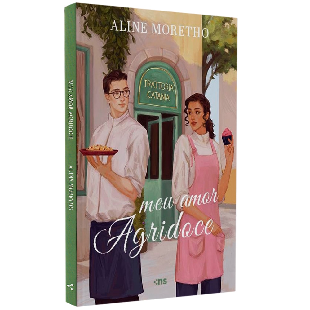 Livro Meu Amor Agridoce, de Aline Moreno, capa ilustrada com casal em frente a um restaurante. — Plenitude