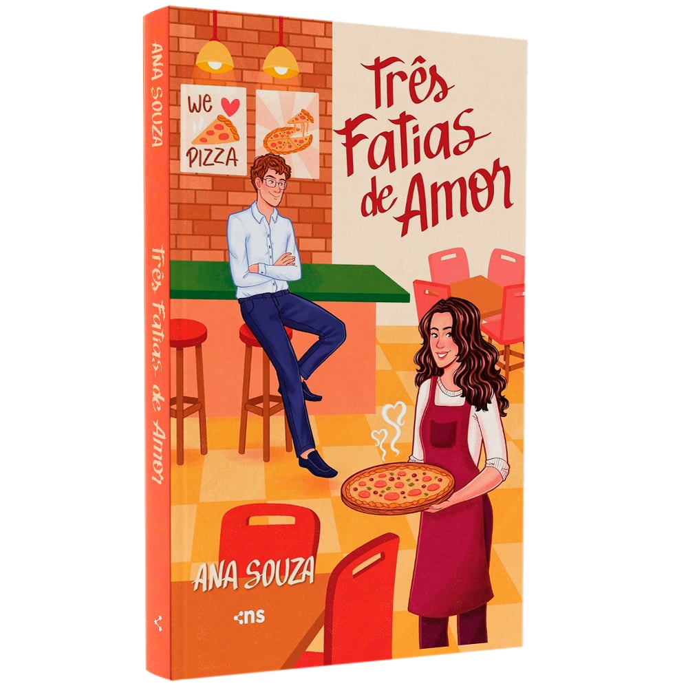 Livro Três Fatias de Amor de Ana Souza, capa laranja com ilustrações de casal em pizzaria. — Plenitude
