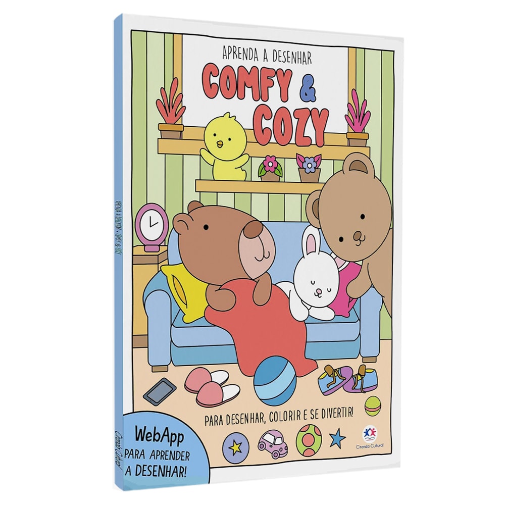 Livro de colorir "Aprenda a Desenhar | Comfy e Cozy", capa com personagens fofos em sala de estar. — Plenitude