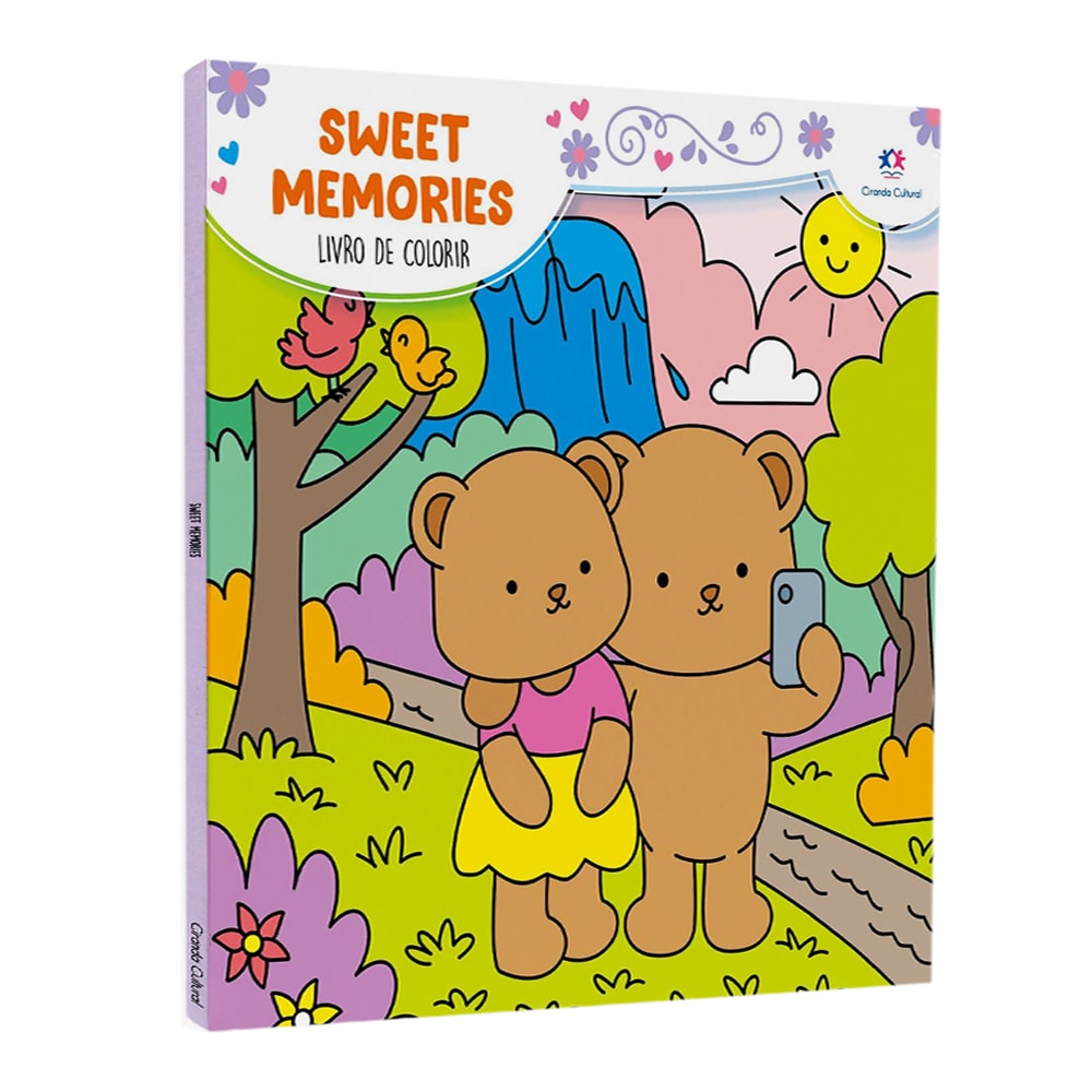 Livro de colorir Sweet Memories, Ciranda Cultural, capa colorida com dois ursos e paisagem. — Plenitude
