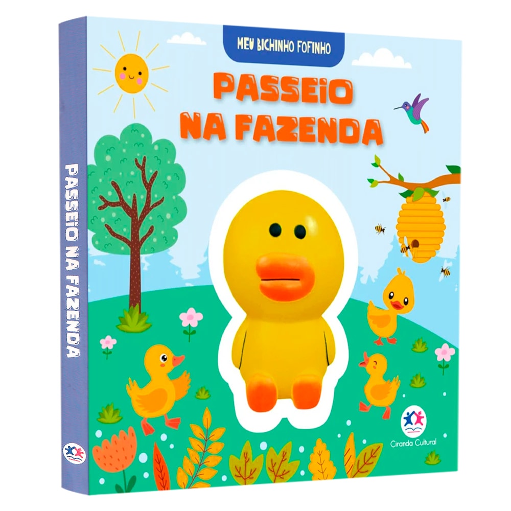 Livro Toque e Sinta Meu Bichinho Fofinho Passeio na Fazenda, capa azul com pato de borracha. — Plenitude
